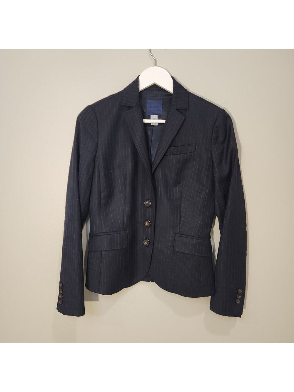 J. Crew Women's Pinstripe Wool Blazer Blue Notch Collar 3-Button - Size 4